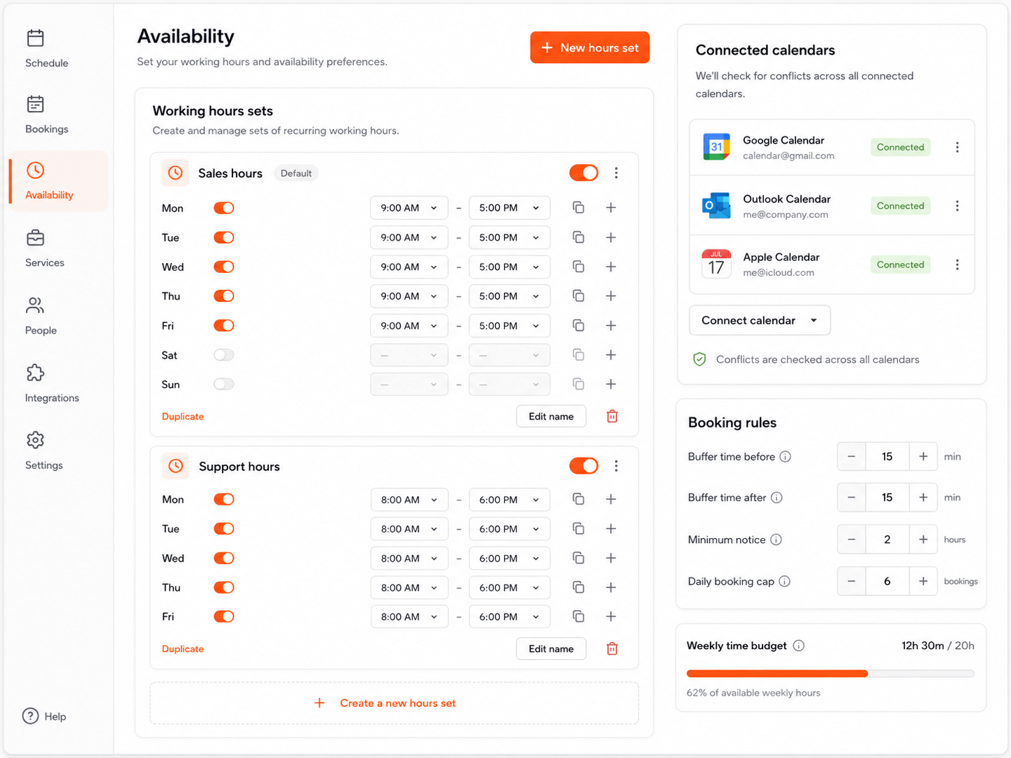 Availability hours, buffers and booking rules