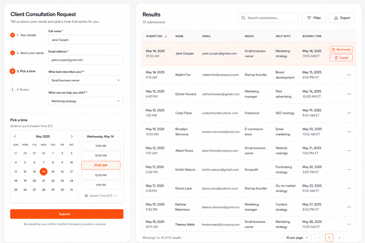 Form with a booking step and the Results view