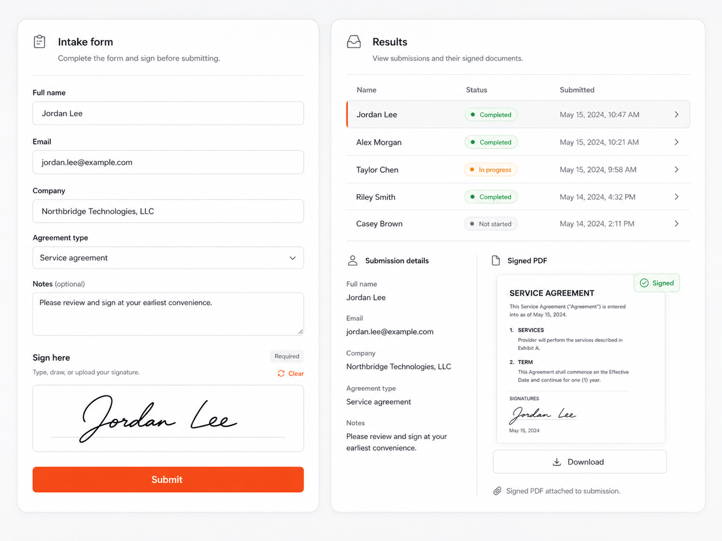 Form with a signing step and the signed PDF in Results