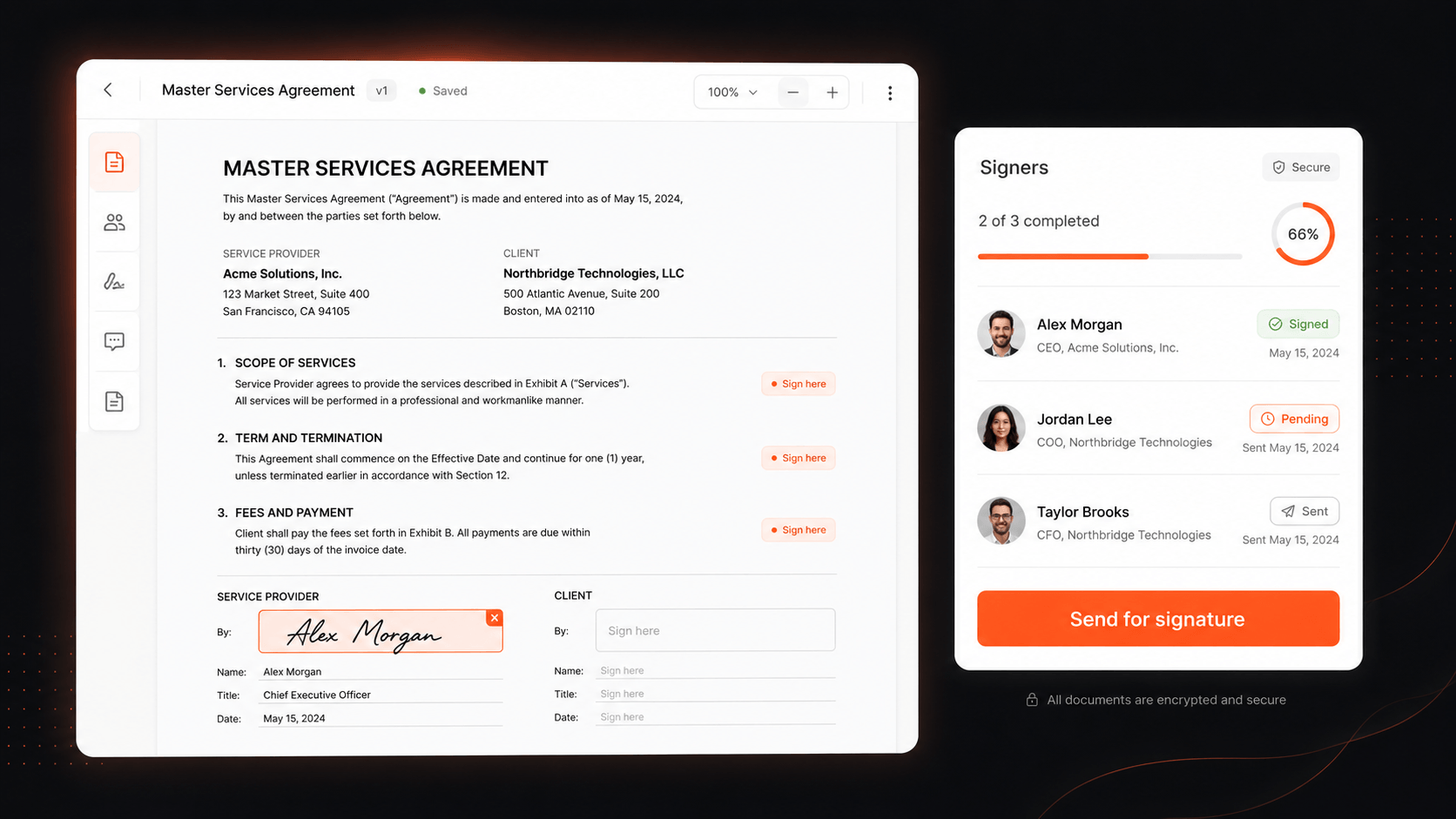 Document with a signature field and signer list